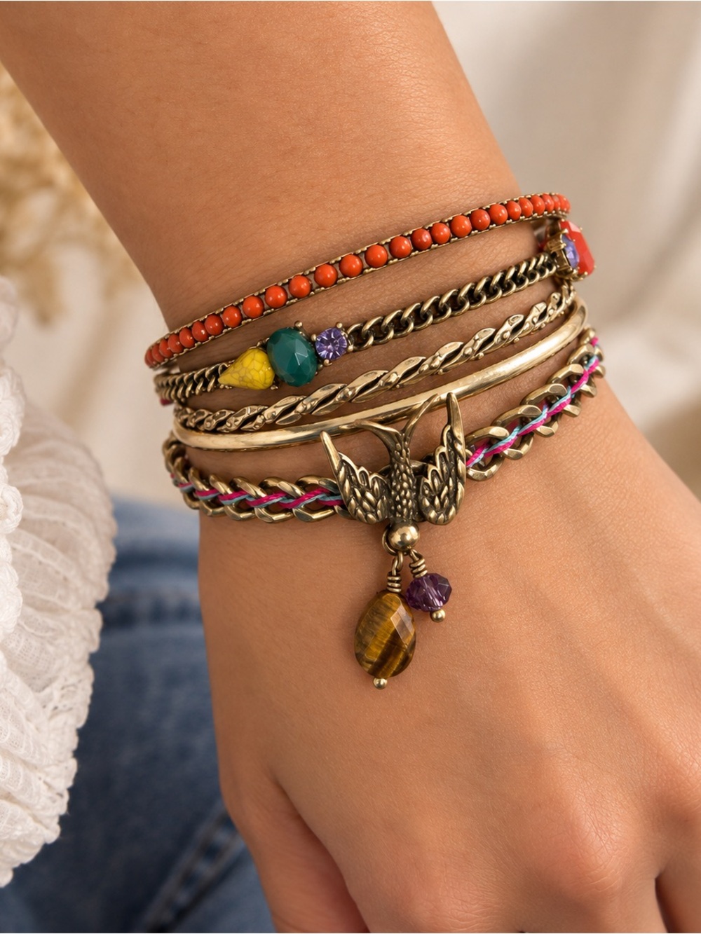 Multicolor Boho Layered Charm Bracelet with Gold Swallow Accent